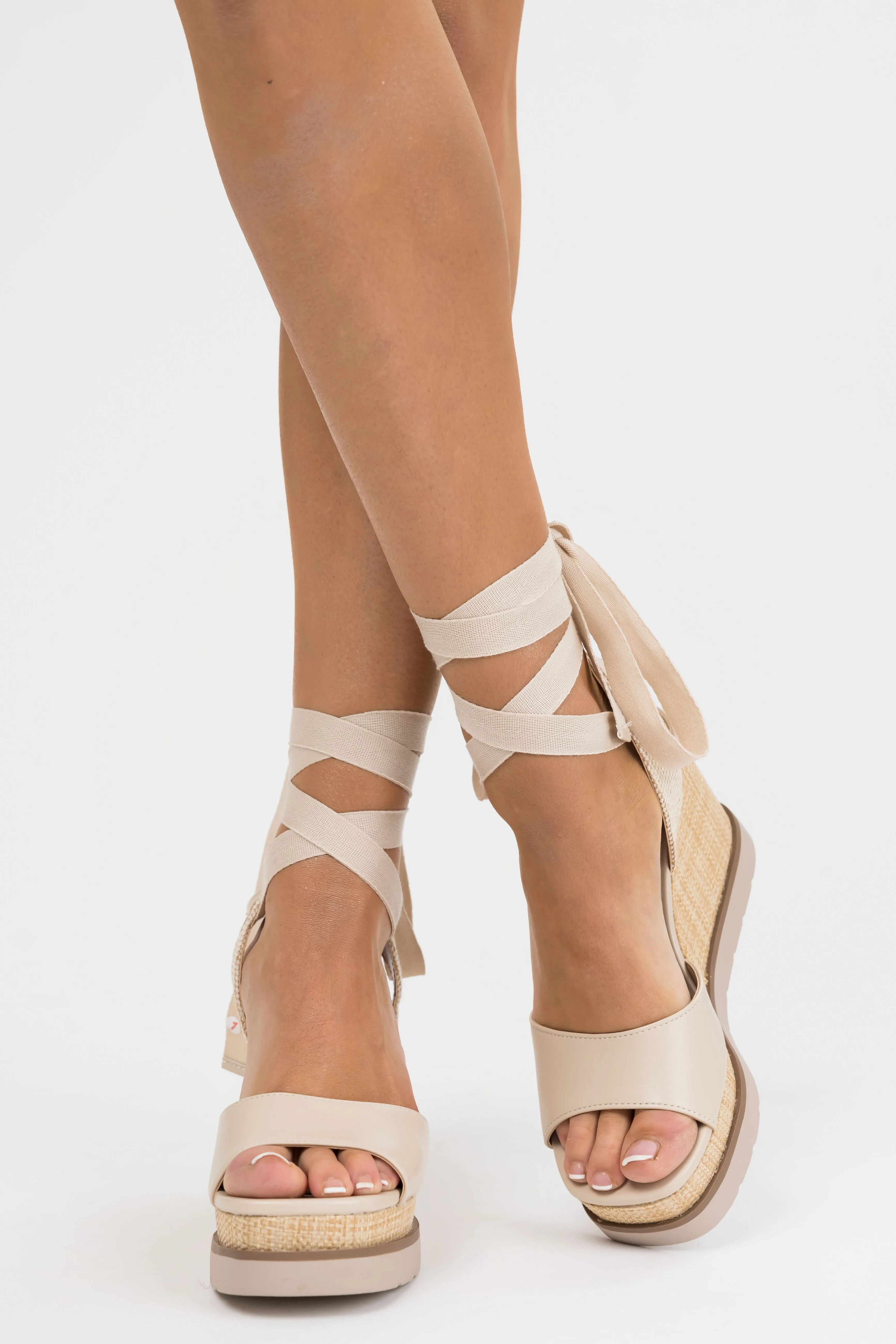 Almond Wrapped Ankle Raffia Platform Wedges