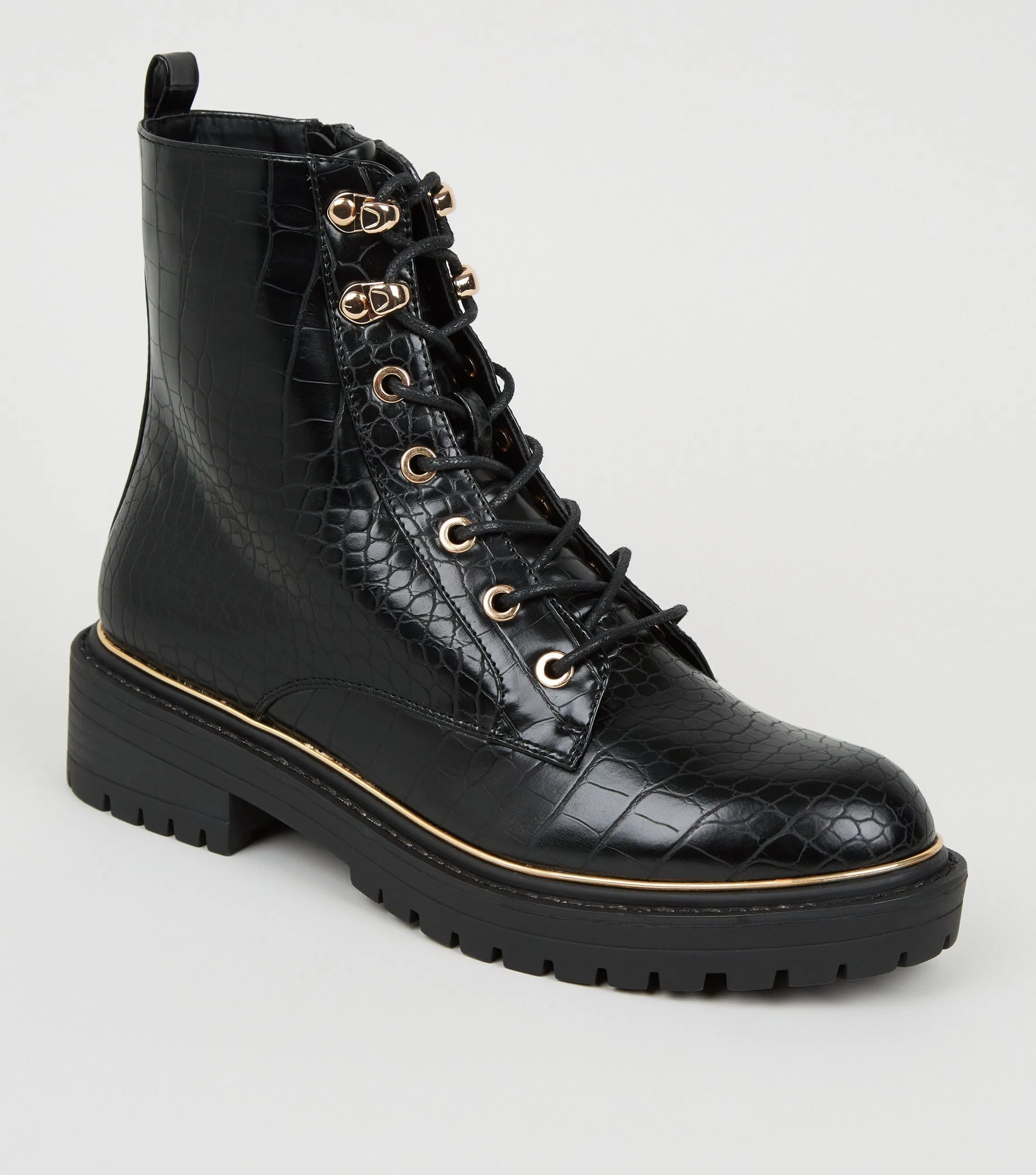 Black Faux Croc Chunky Lace Up Boots