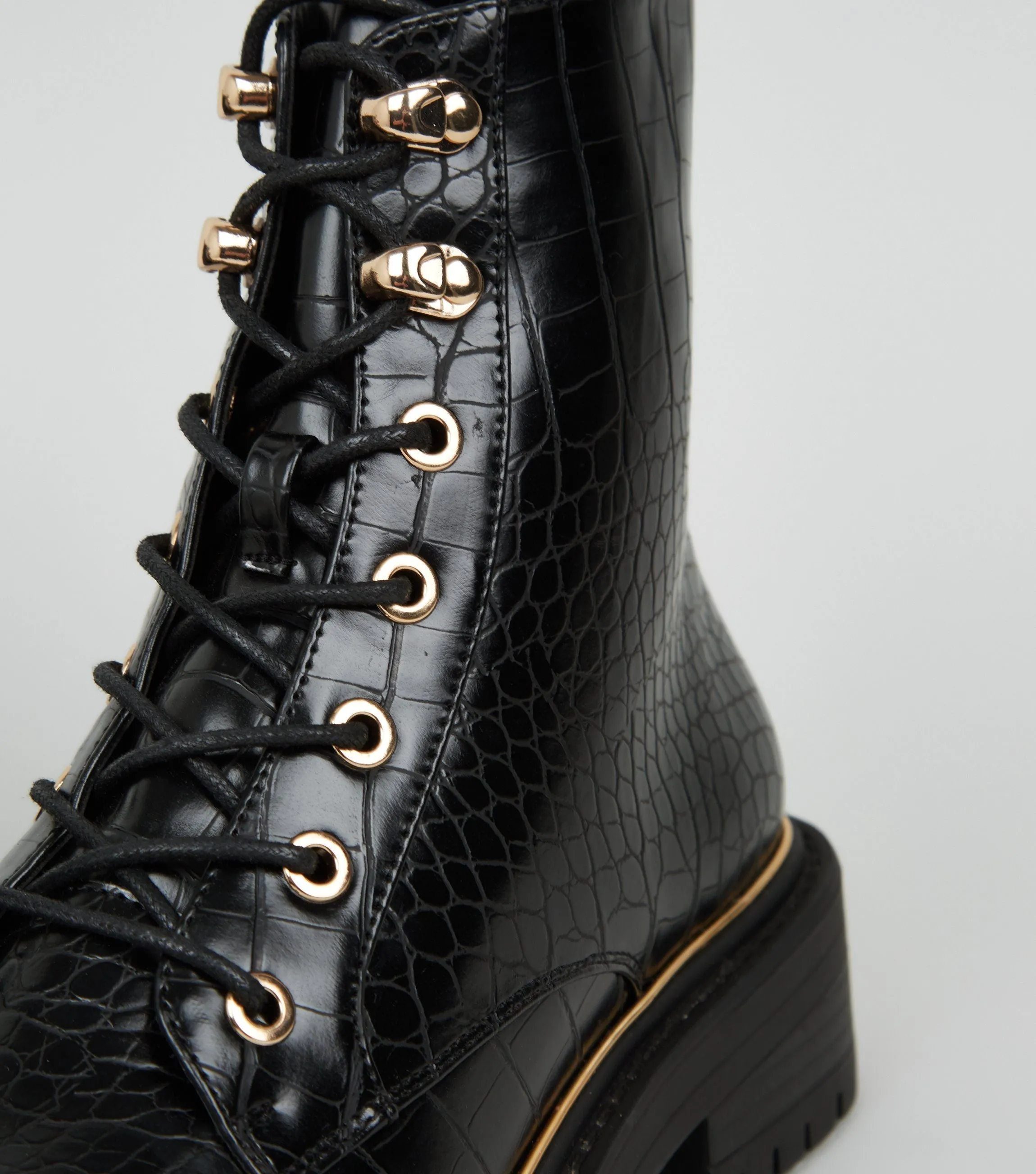 Black Faux Croc Chunky Lace Up Boots