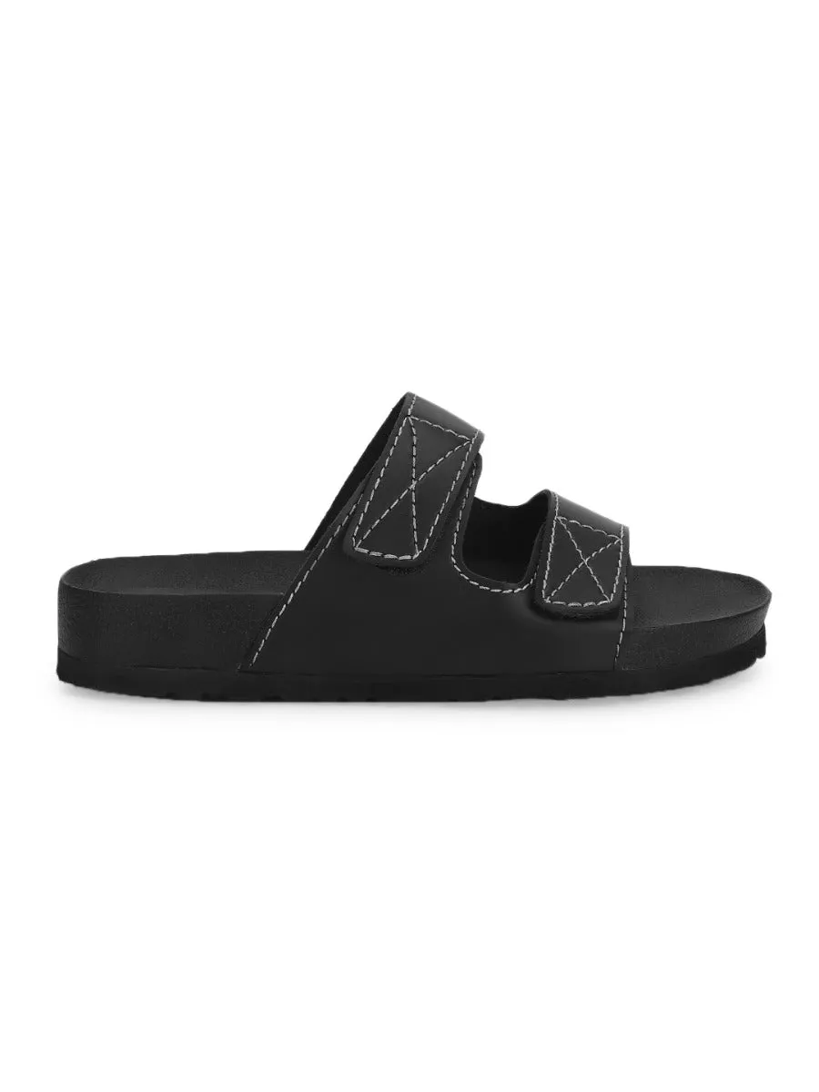 Black PU Slip Ons With Front Straps