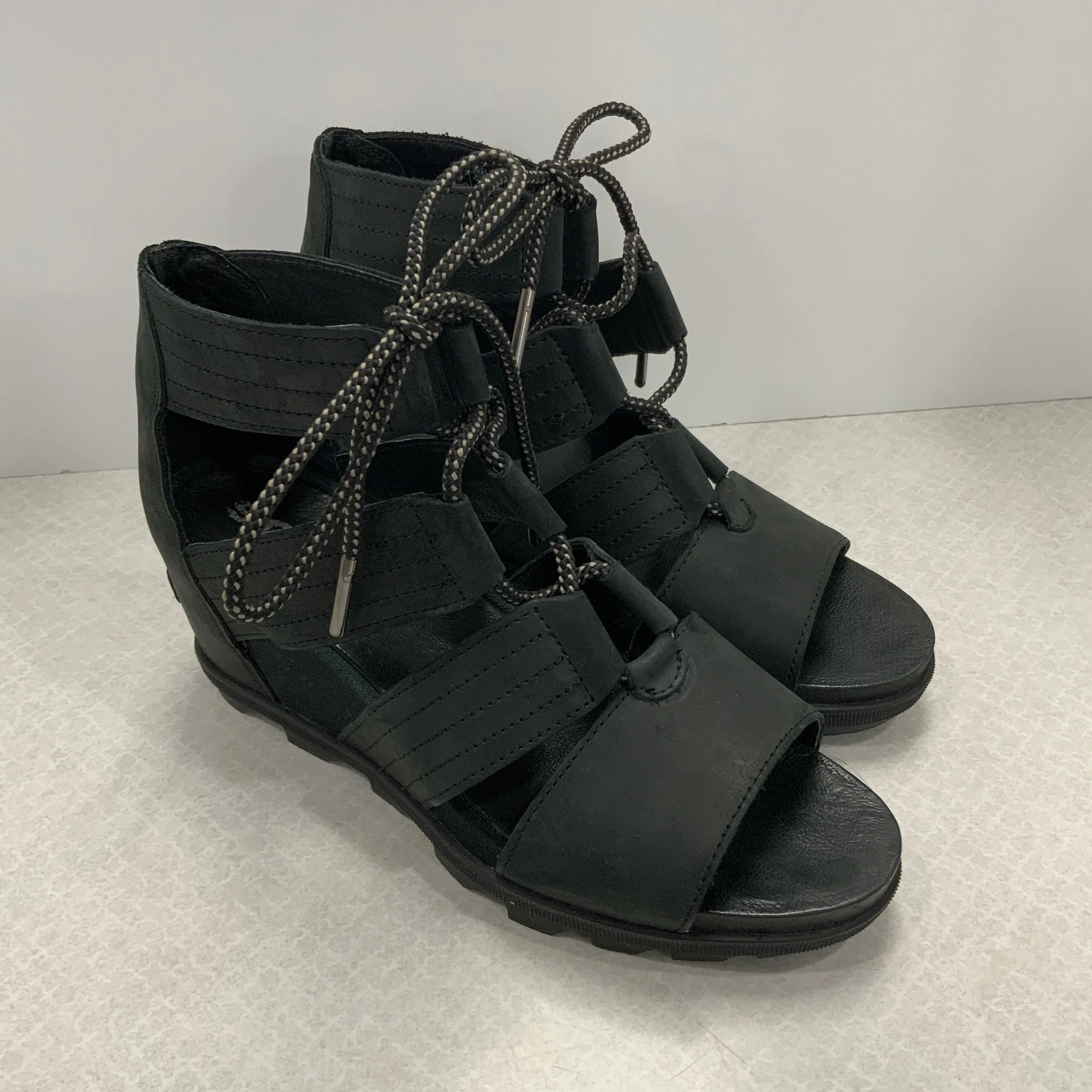 Black Sandals Heels Wedge Sorel, Size 10