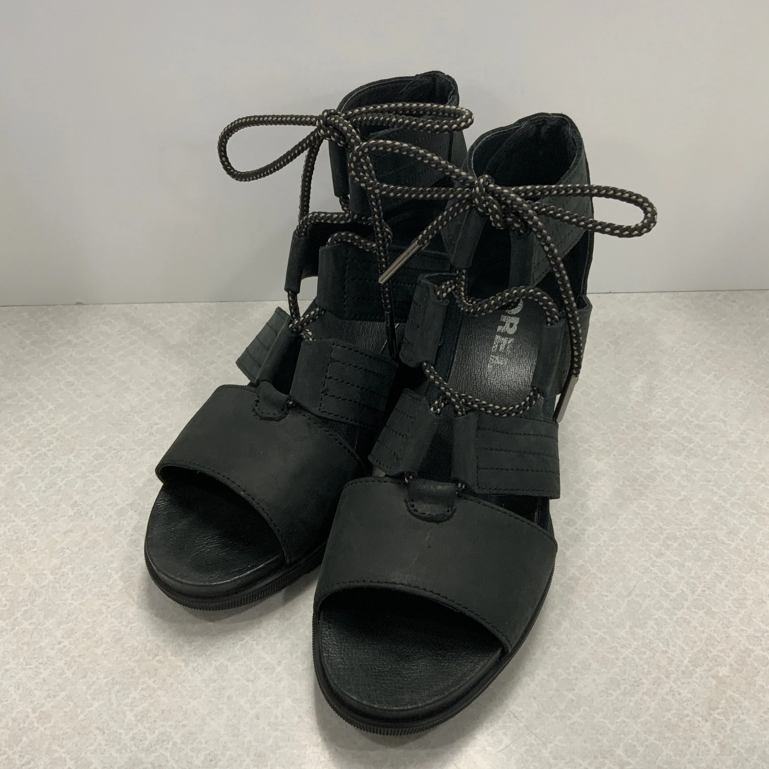 Black Sandals Heels Wedge Sorel, Size 10