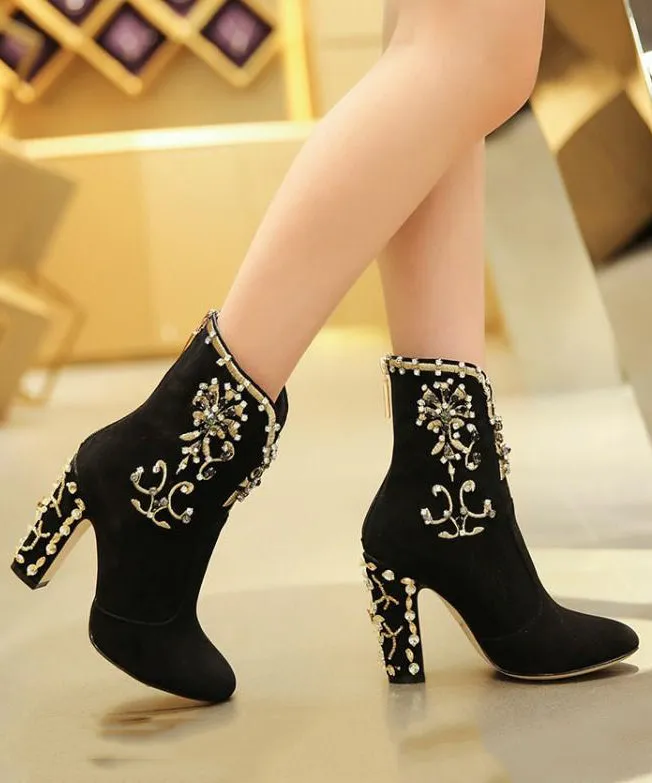 Classy Black Zircon Zippered Suede High Heel Boots RT1085