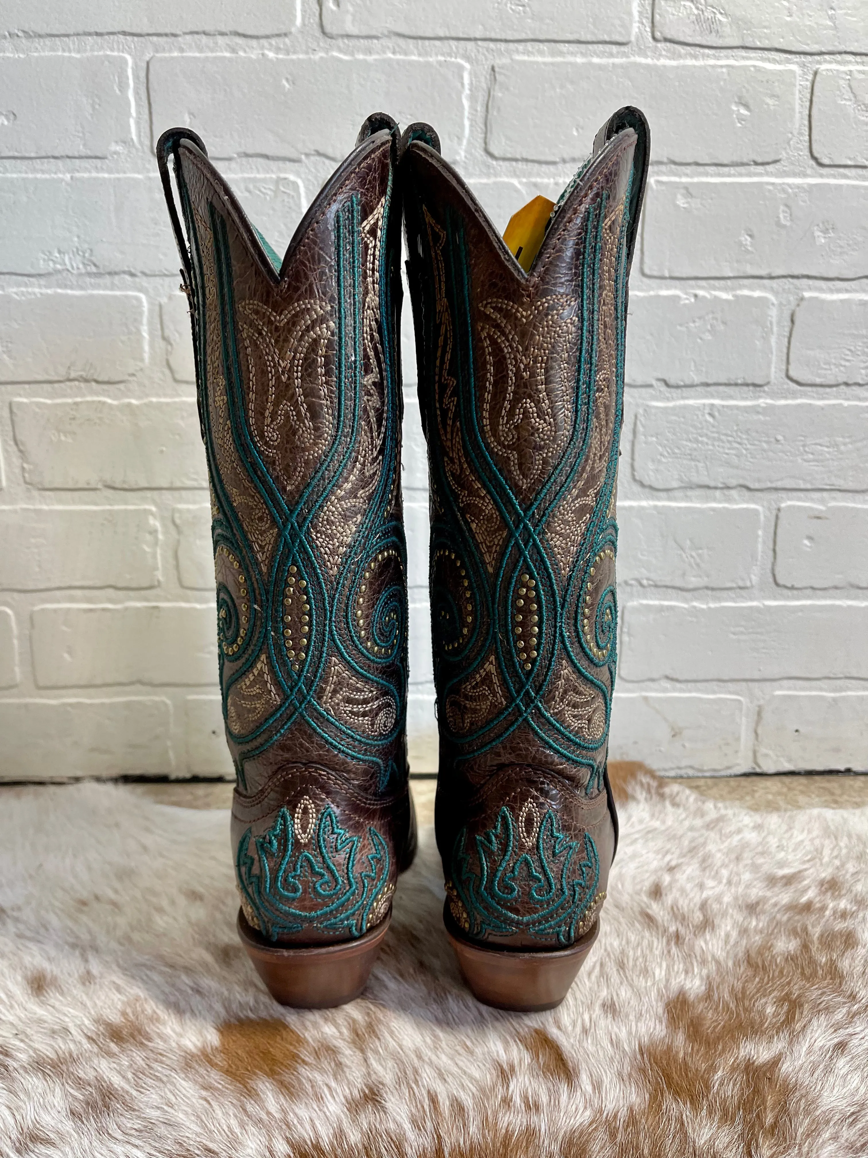 Corral Women's Bronze & Turquoise Overlay Snip Toe Cowgirl Boots C3912