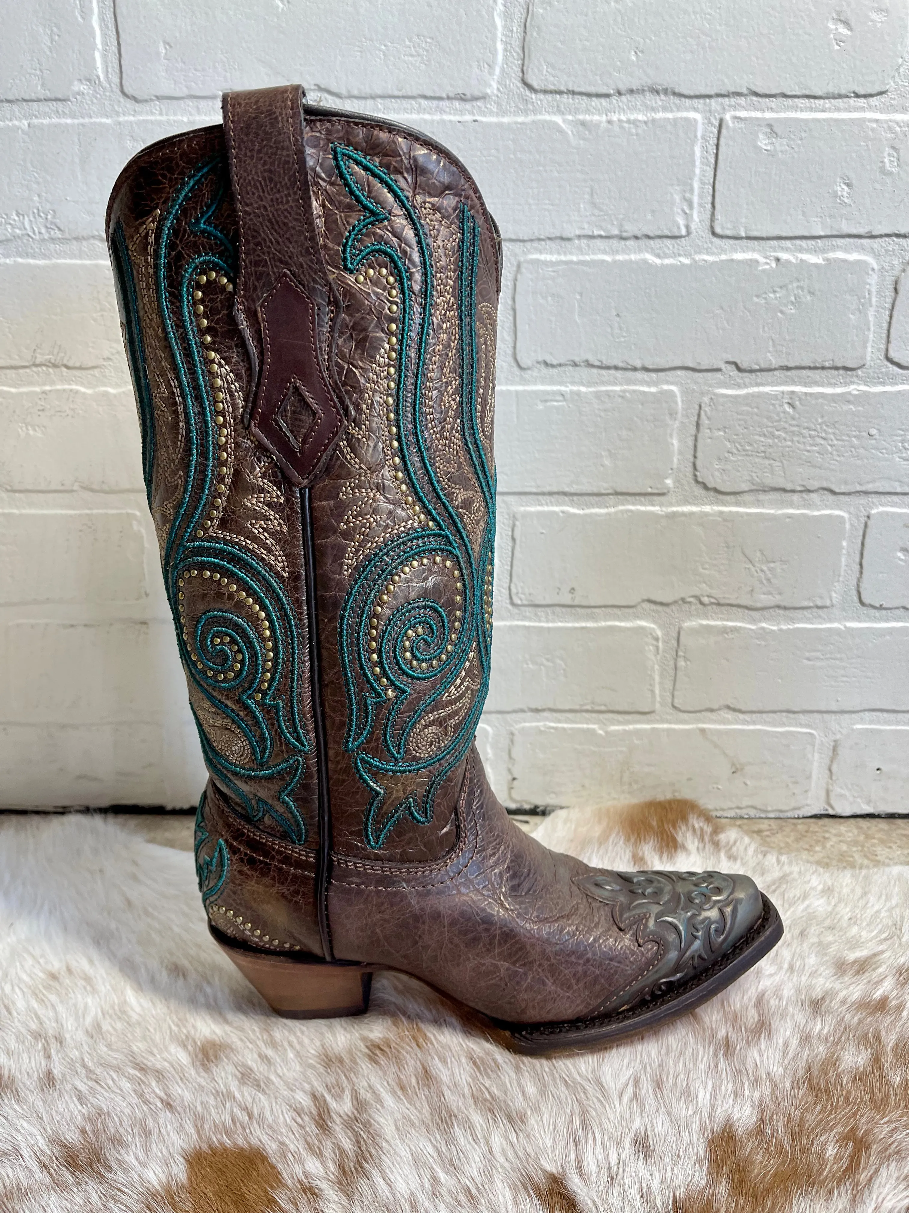 Corral Women's Bronze & Turquoise Overlay Snip Toe Cowgirl Boots C3912