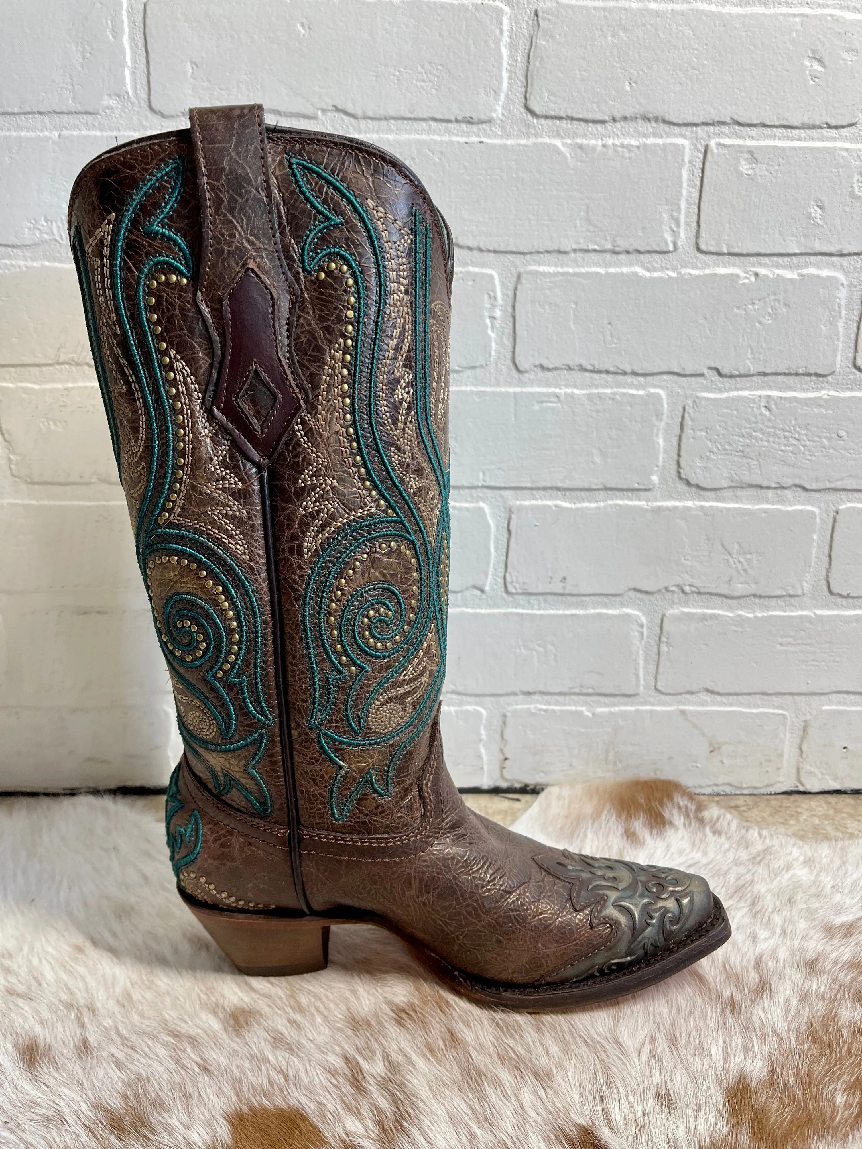 Corral Women's Bronze & Turquoise Overlay Snip Toe Cowgirl Boots C3912