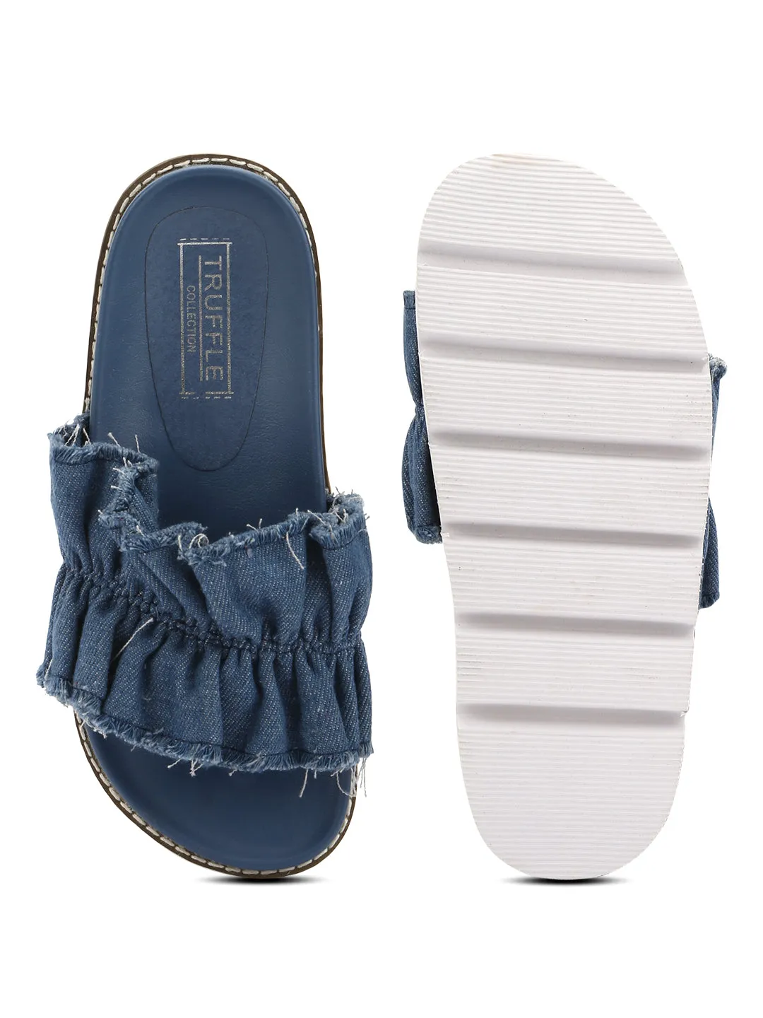 Denim Ruffled Slip-On Flats