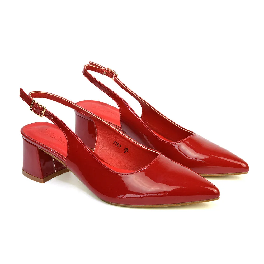 Devon Low Block Heel Slingback Pointed Toe Shoes in Red Patent