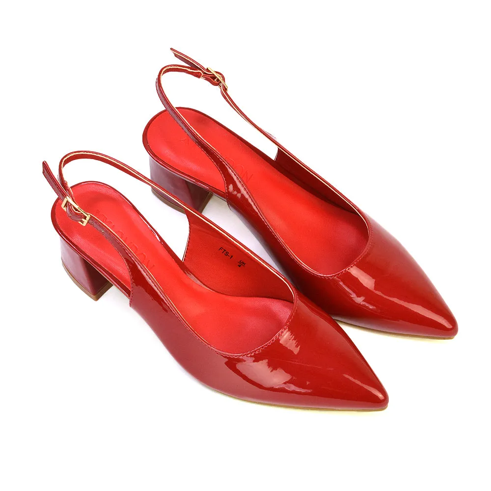 Devon Low Block Heel Slingback Pointed Toe Shoes in Red Patent