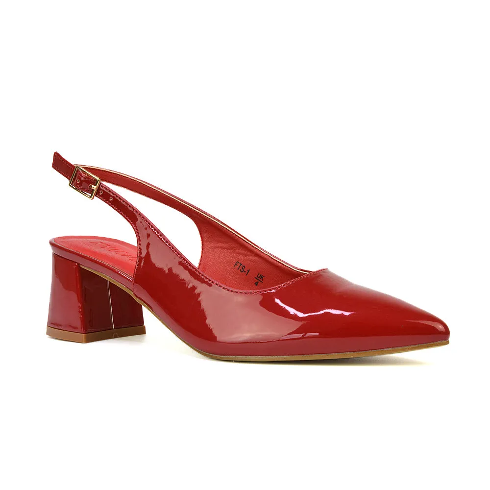 Devon Low Block Heel Slingback Pointed Toe Shoes in Red Patent