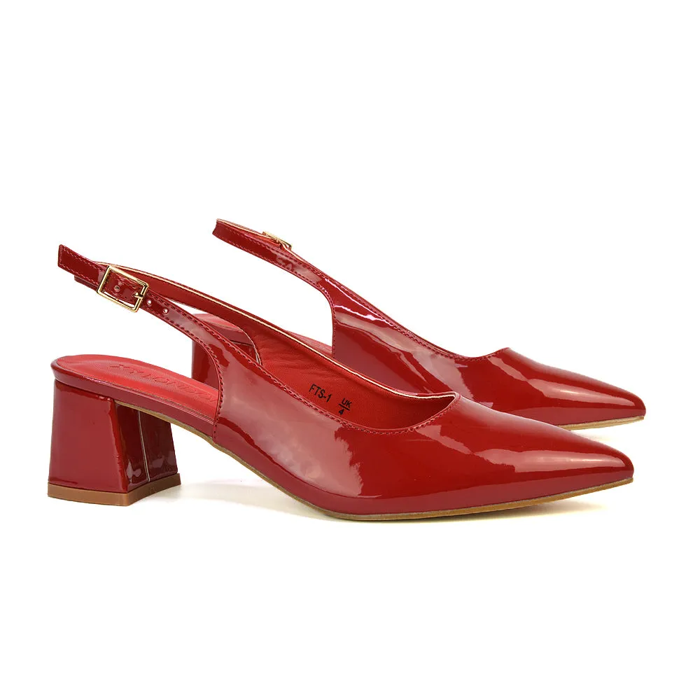 Devon Low Block Heel Slingback Pointed Toe Shoes in Red Patent