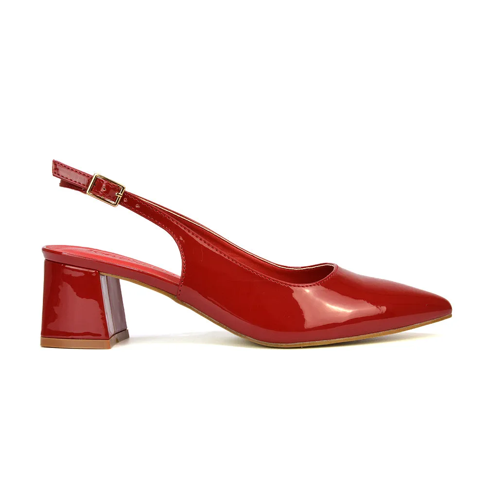 Devon Low Block Heel Slingback Pointed Toe Shoes in Red Patent