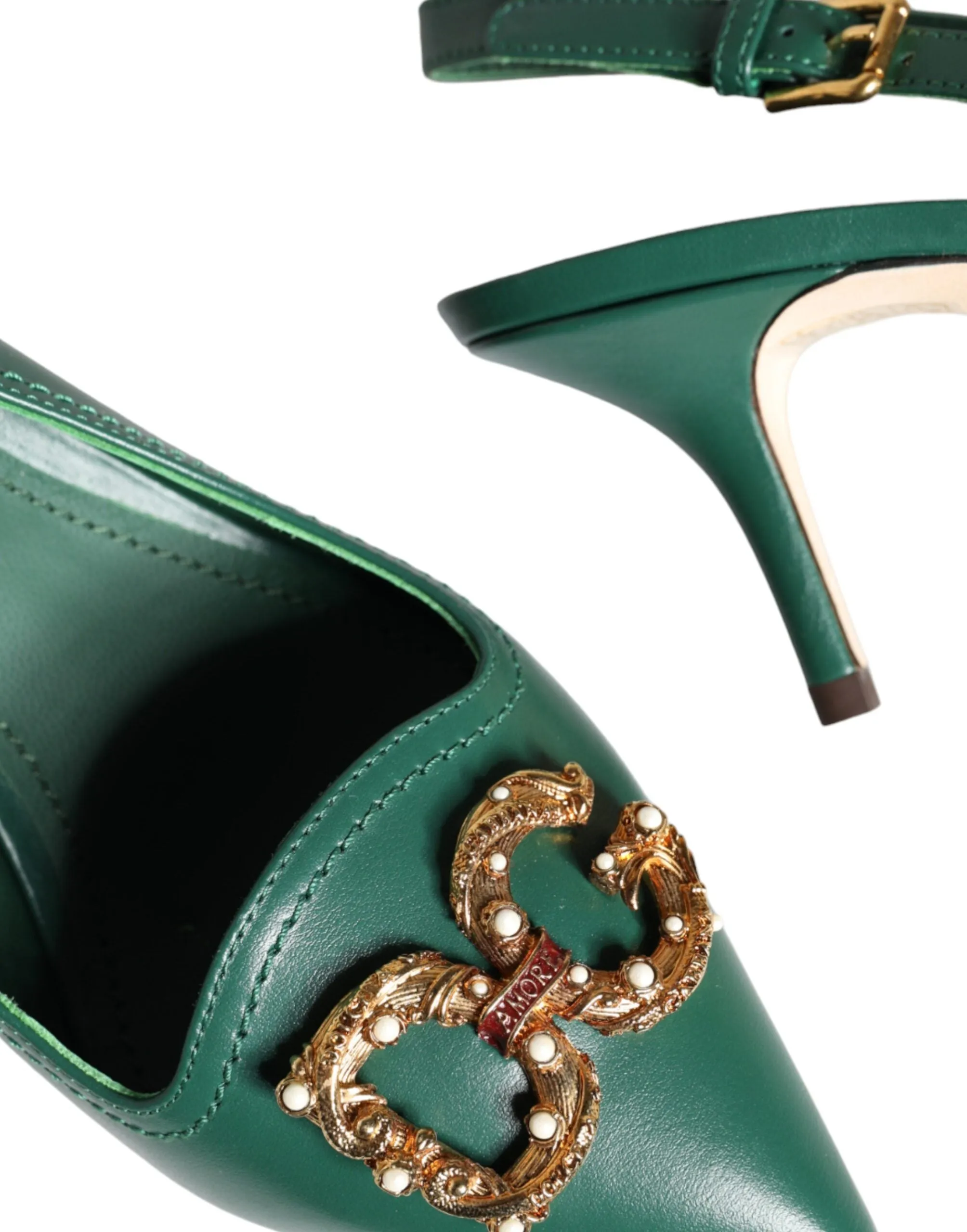 Dolce & Gabbana Dark Green DG Amore Leather Slingbacks Shoes