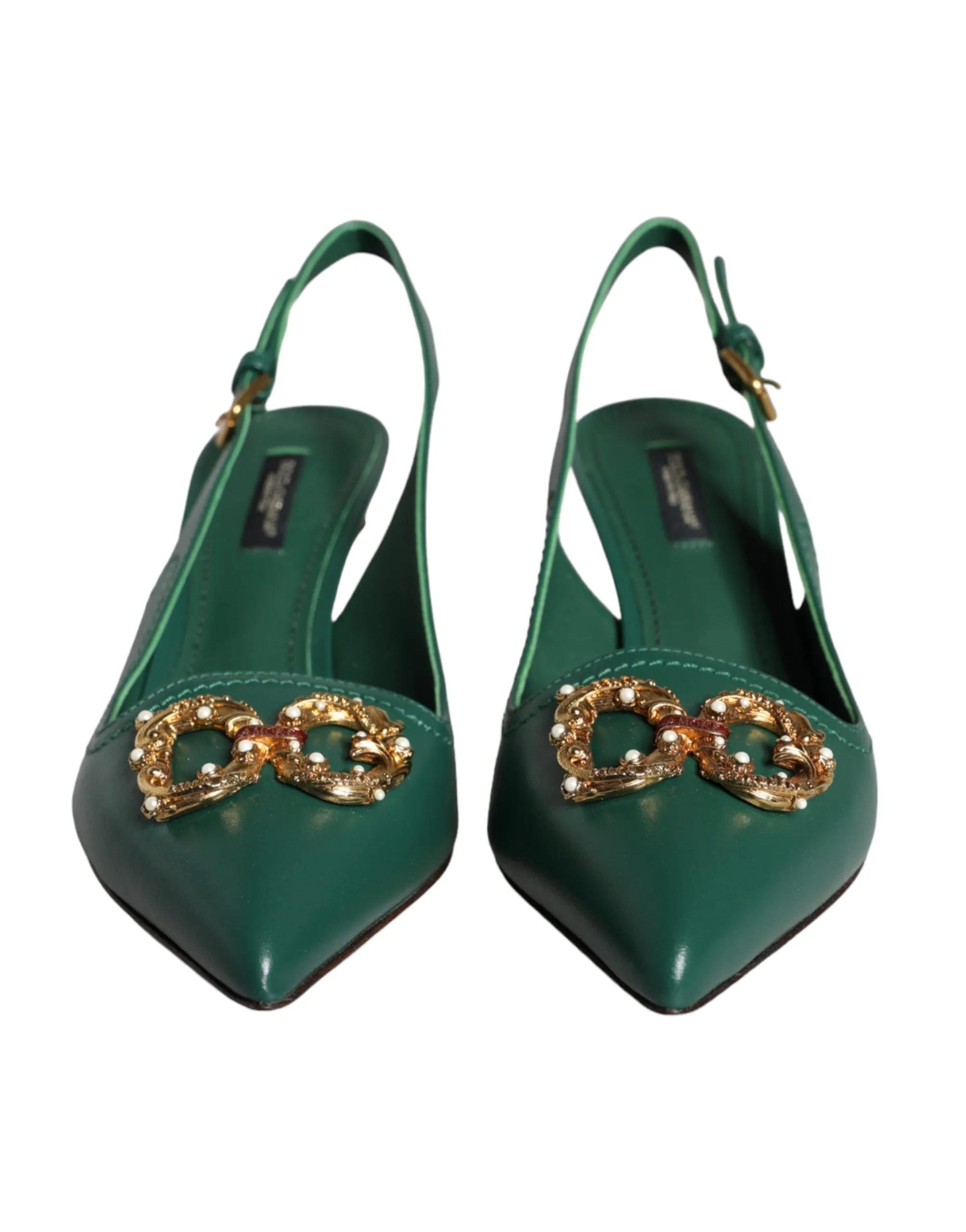 Dolce & Gabbana Dark Green DG Amore Leather Slingbacks Shoes