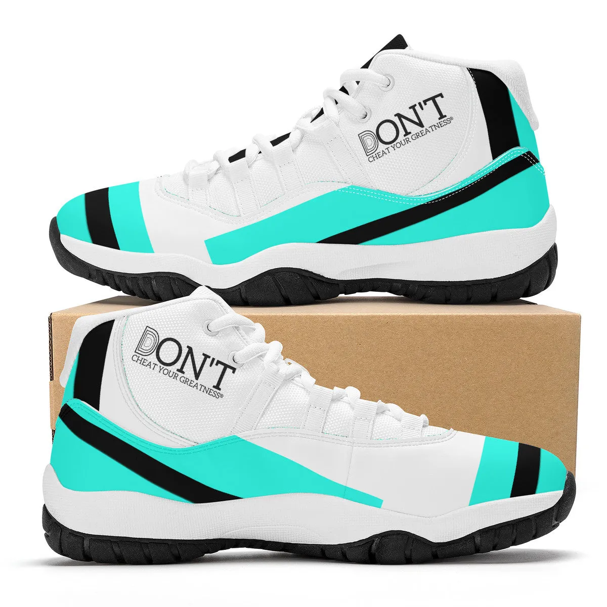 DONT D4X Black  Logo ,Teal,Black Stripes & White High Top Air Retro Sneakers - White