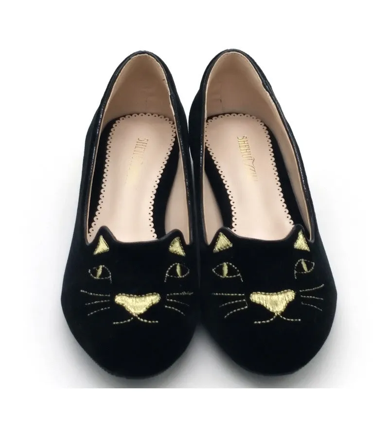 Embroidery Cat Black Slip On Flats Shoes 1550