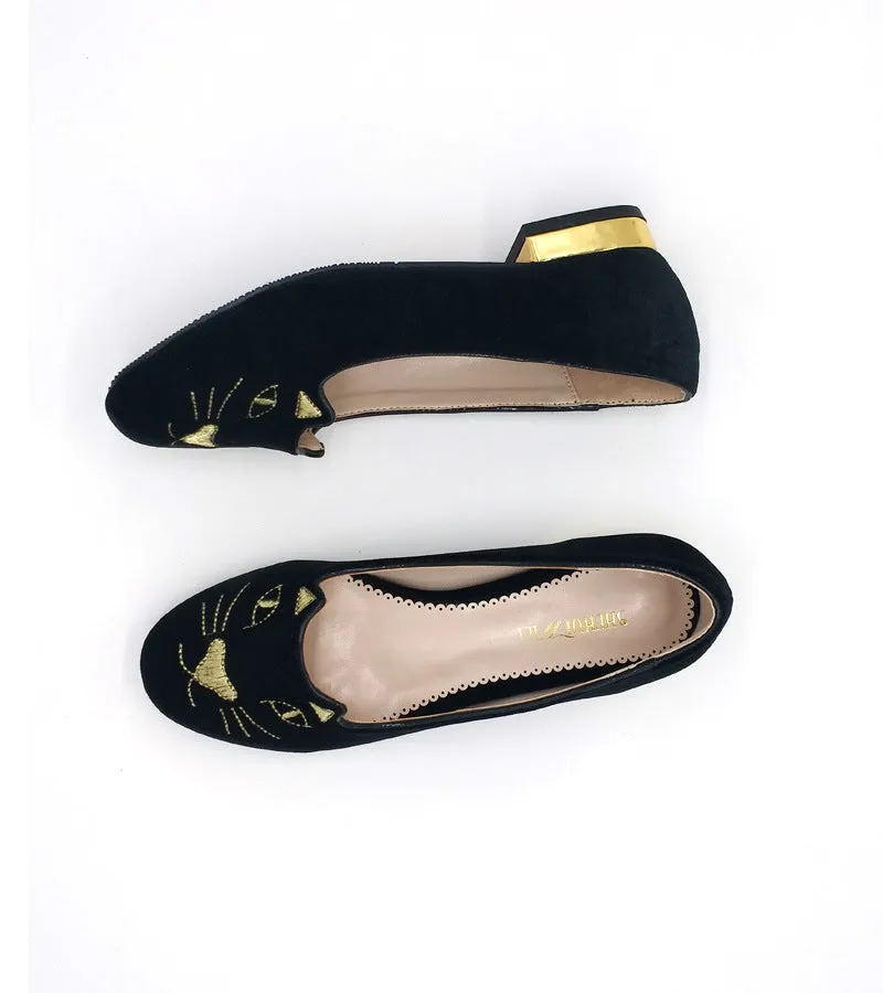 Embroidery Cat Black Slip On Flats Shoes 1550