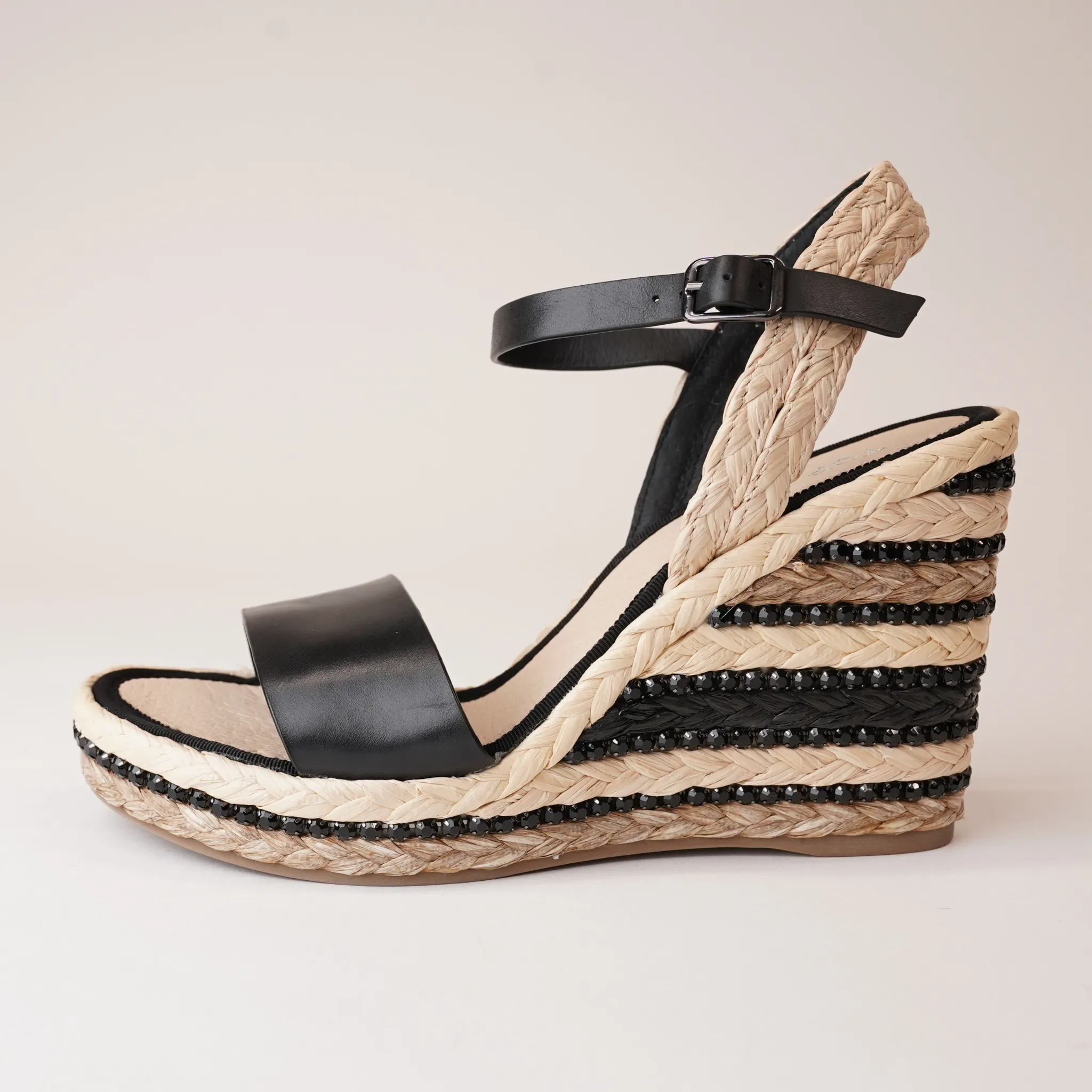 Etroya Black Leather Espadrille Wedges