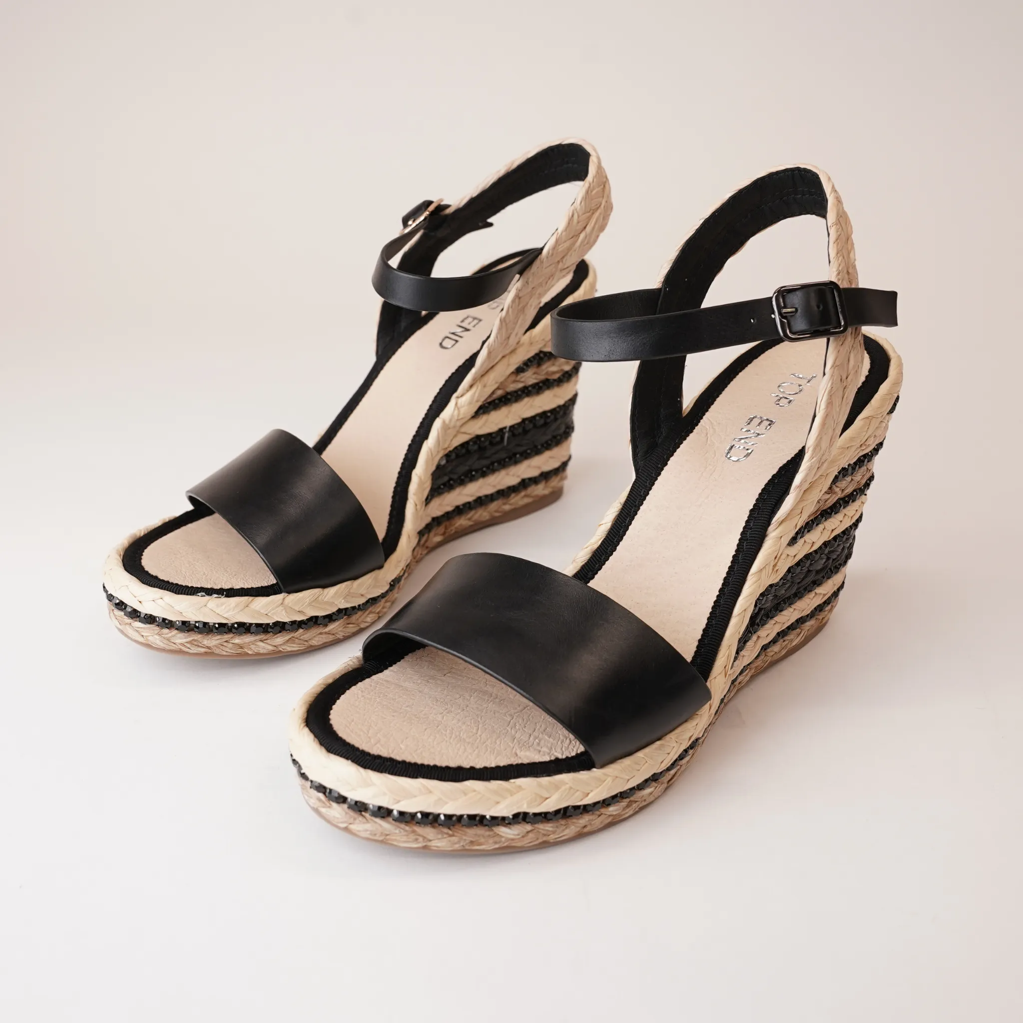 Etroya Black Leather Espadrille Wedges