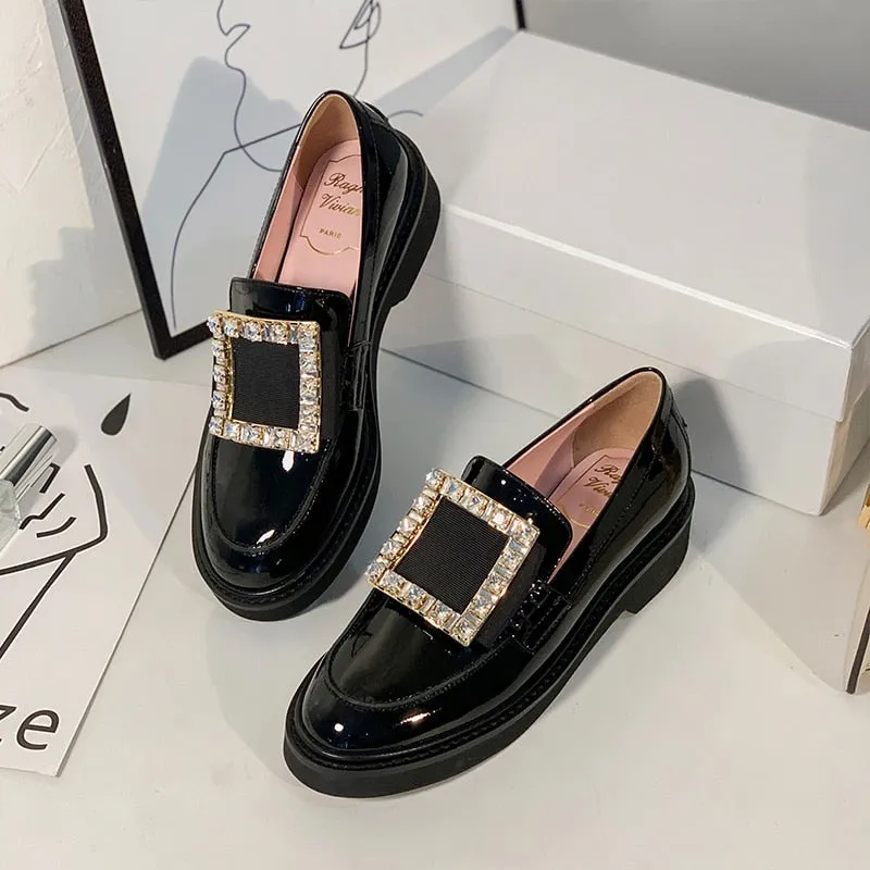 famous brand crystal square buckle flats women japanned leather brogue shoes British oxford creepers derby shoes woman loafers