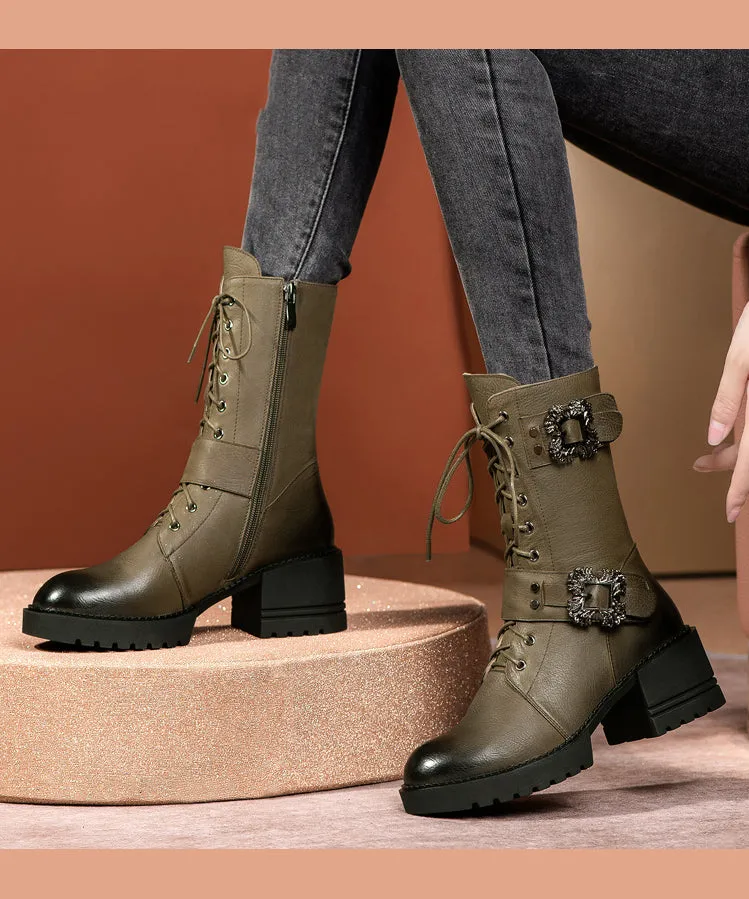 Green Cross Strap Splicing Fashion Chunky Boots ML1660