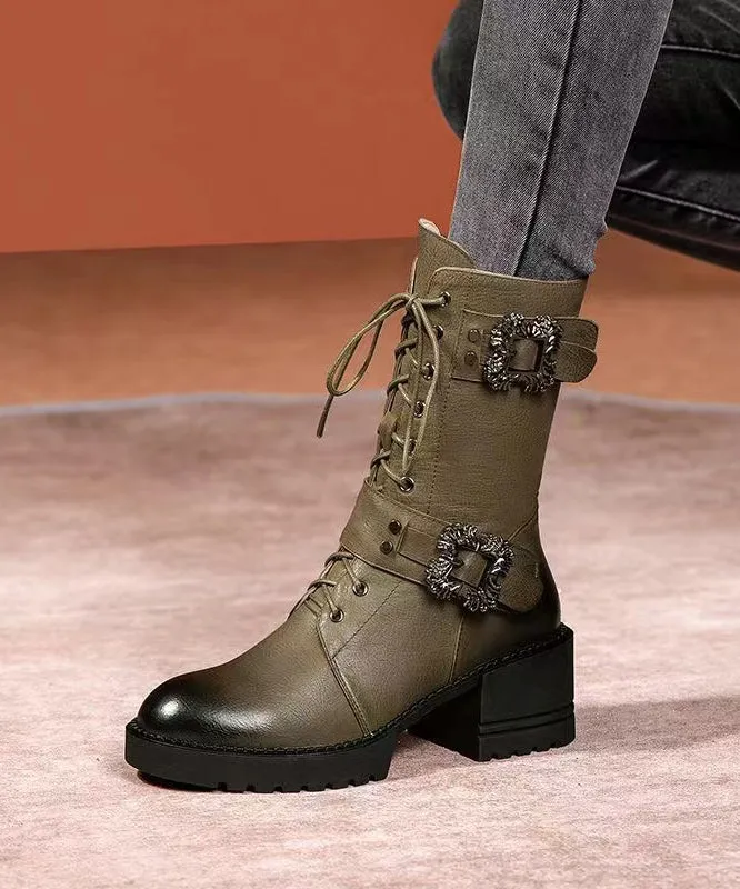 Green Cross Strap Splicing Fashion Chunky Boots ML1660