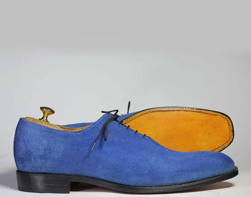 Handmade Men's Blue Suede Round Toe Lace Up Shoes, Men Designer Derby Shoes