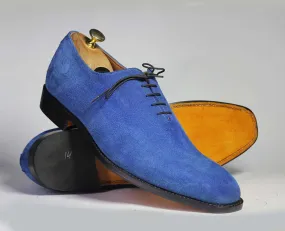 Handmade Men's Blue Suede Round Toe Lace Up Shoes, Men Designer Derby Shoes