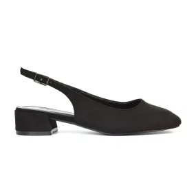 Luna Slingback Closed Square Toe Low Block Heel Shoes in Black Faux Suede