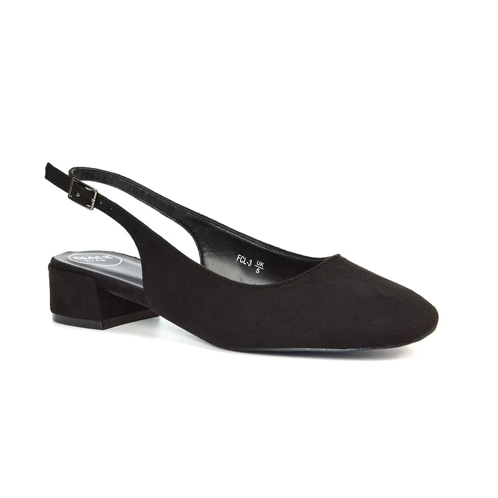 Luna Slingback Closed Square Toe Low Block Heel Shoes in Black Faux Suede