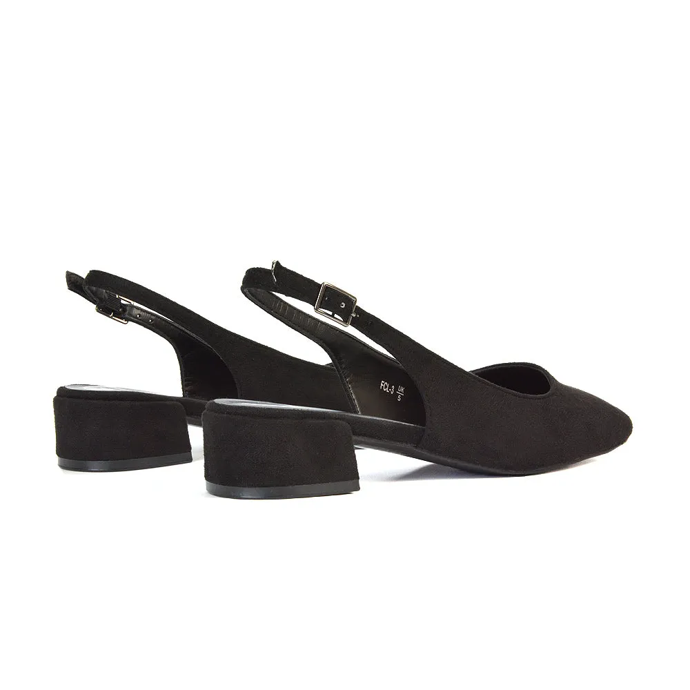 Luna Slingback Closed Square Toe Low Block Heel Shoes in Black Faux Suede