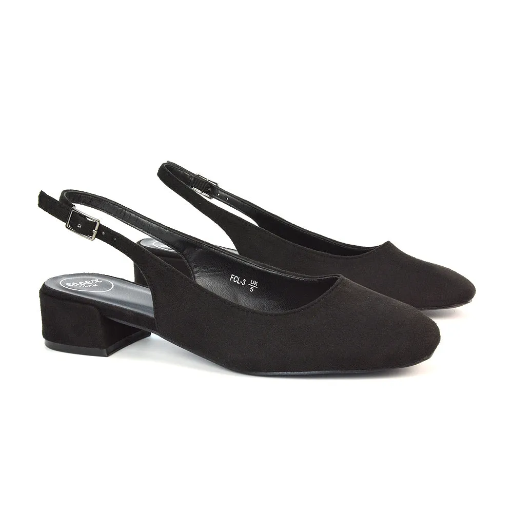 Luna Slingback Closed Square Toe Low Block Heel Shoes in Black Faux Suede