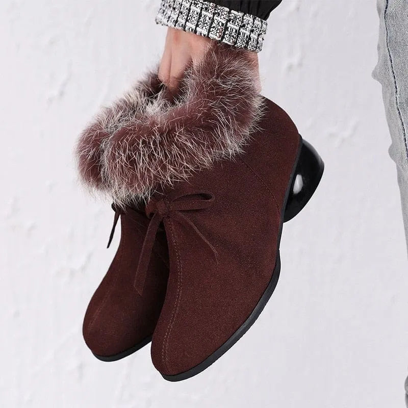 Natural Fur Genuine Leather Comfortable Med Heels Ankle Winter Boots