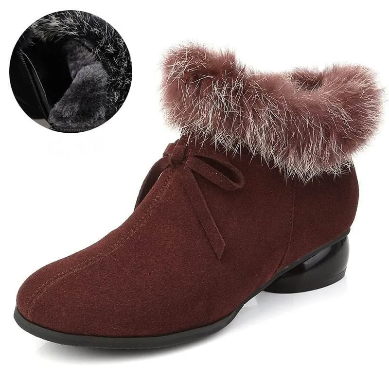 Natural Fur Genuine Leather Comfortable Med Heels Ankle Winter Boots