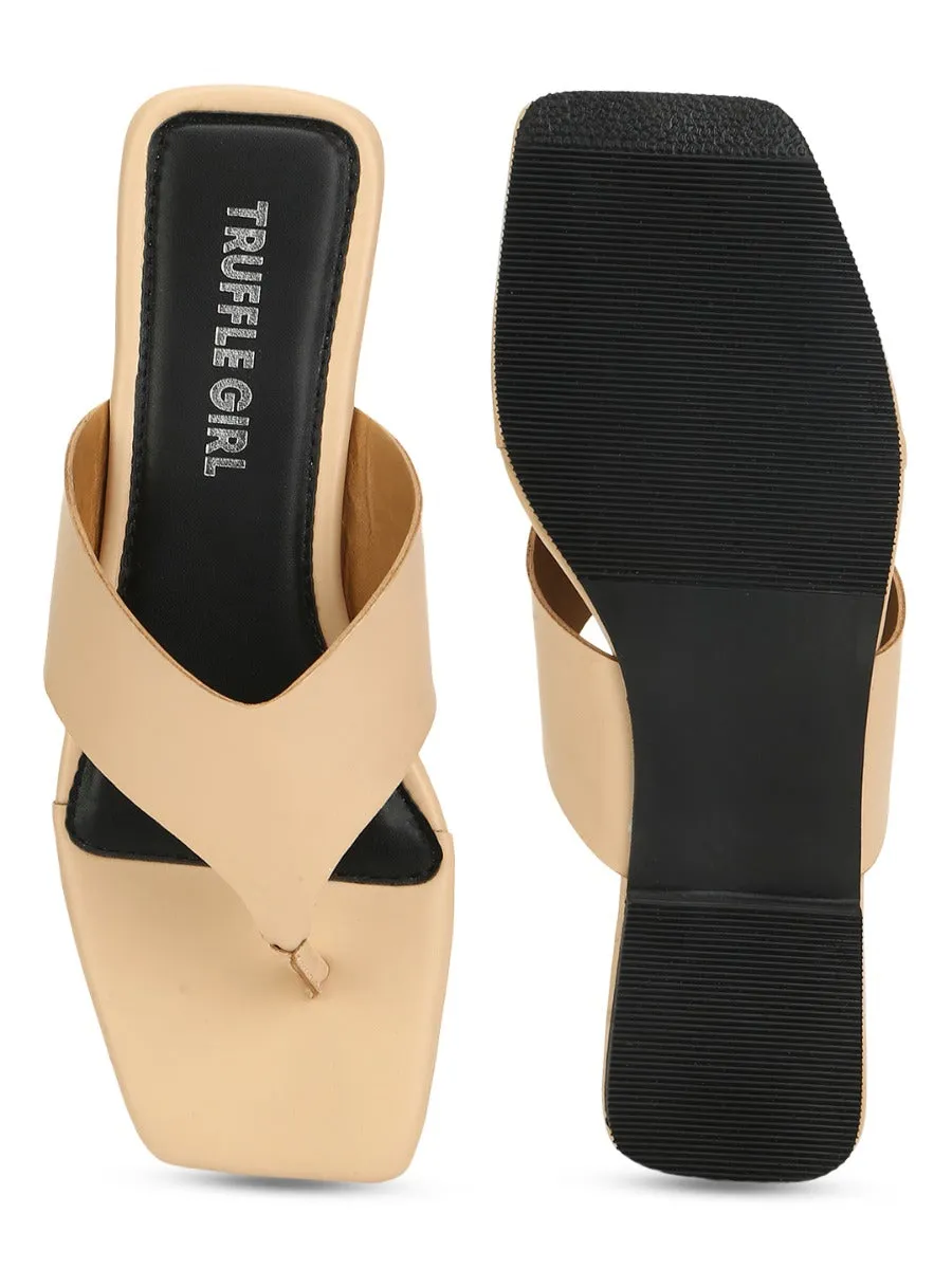 Nude PU Square Toe Flip Flop Slippers