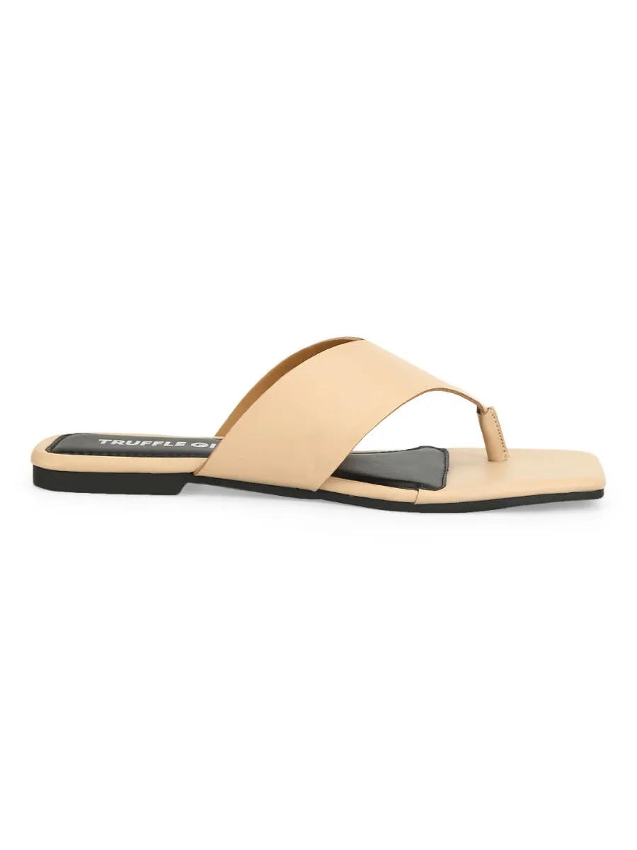 Nude PU Square Toe Flip Flop Slippers