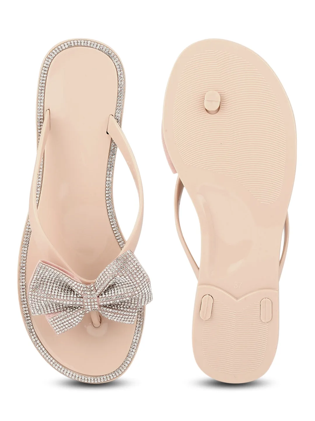 Nude PVC Diamante Bow Slip On Flats