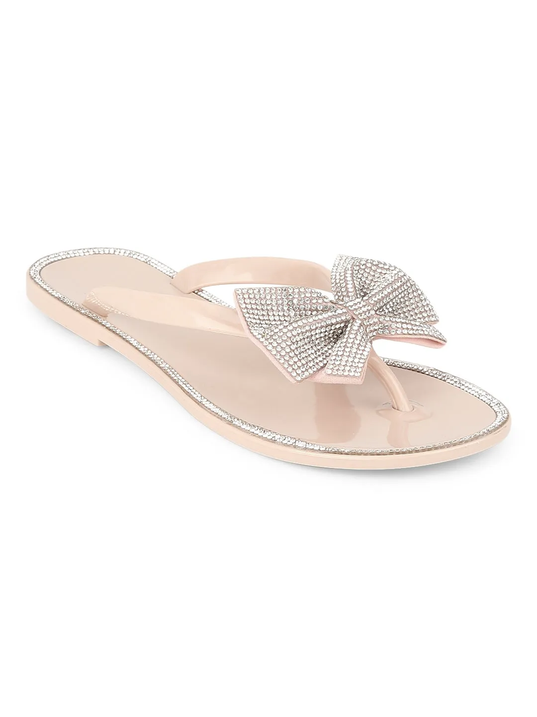 Nude PVC Diamante Bow Slip On Flats