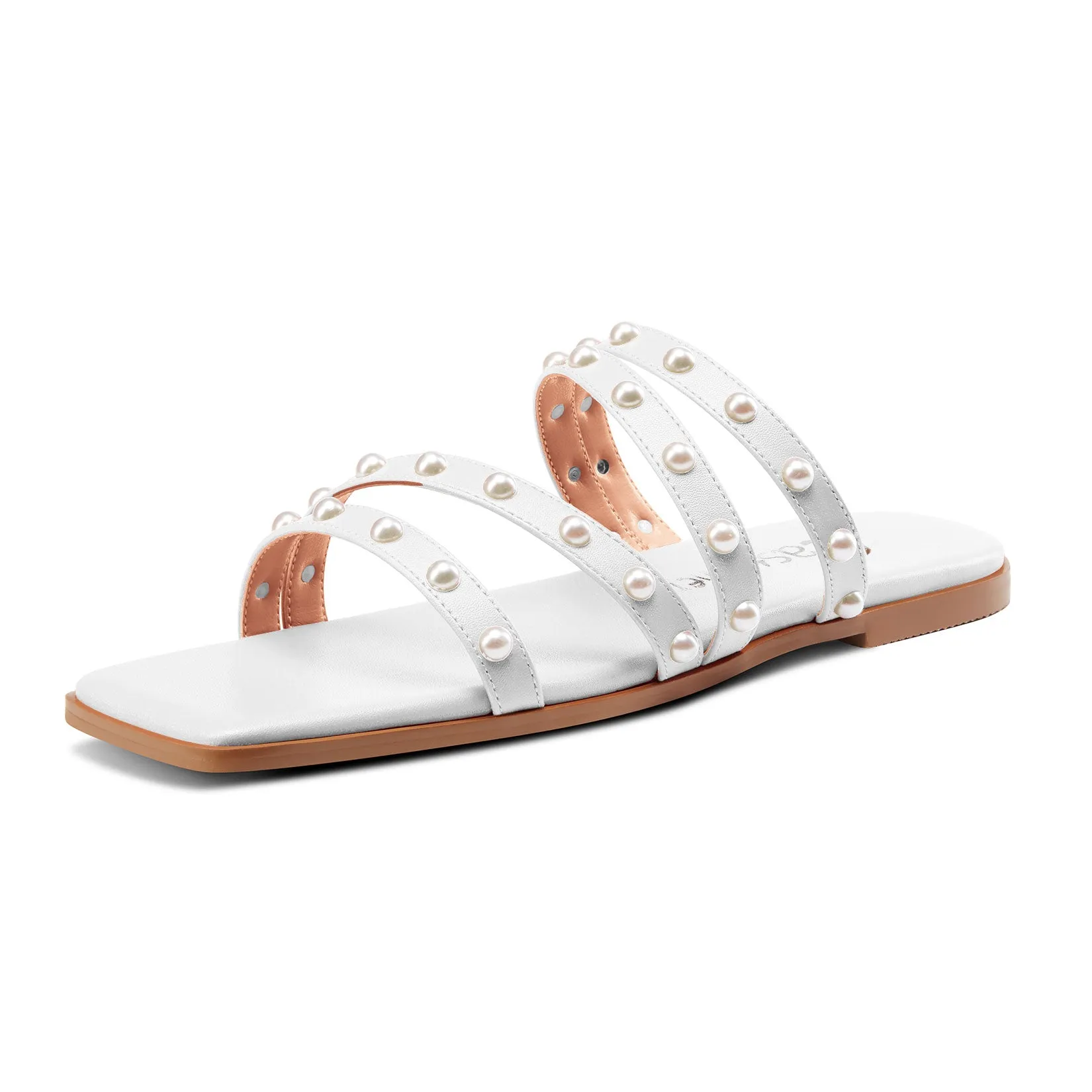 Pearl Strappy Flat Sandals Square-Toe Classic Sexy Shoes Slip-on Flat-Shoes