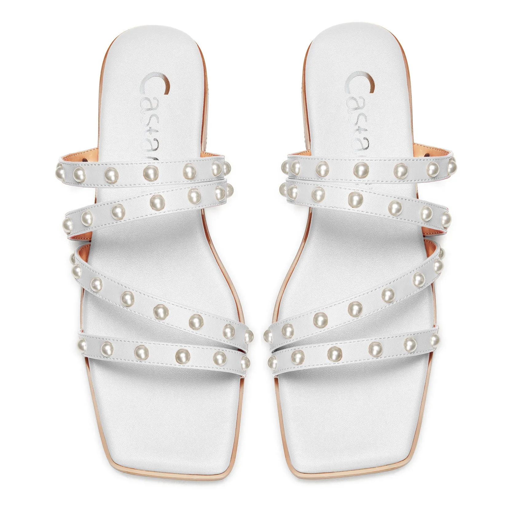 Pearl Strappy Flat Sandals Square-Toe Classic Sexy Shoes Slip-on Flat-Shoes