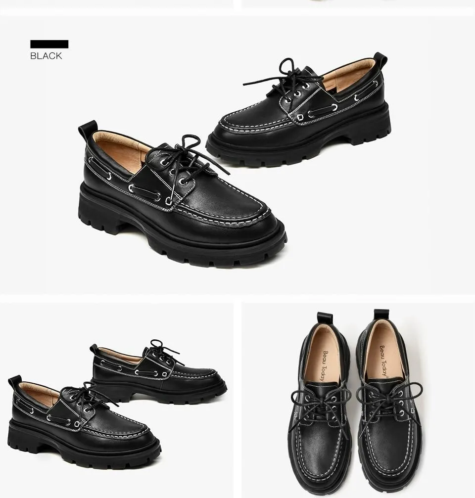 Platform Shoes Women Genuine Cow Leather Round Toe Sewing Lace-Up Flats Chunky Sole Ladies Derby Shoes Handmade