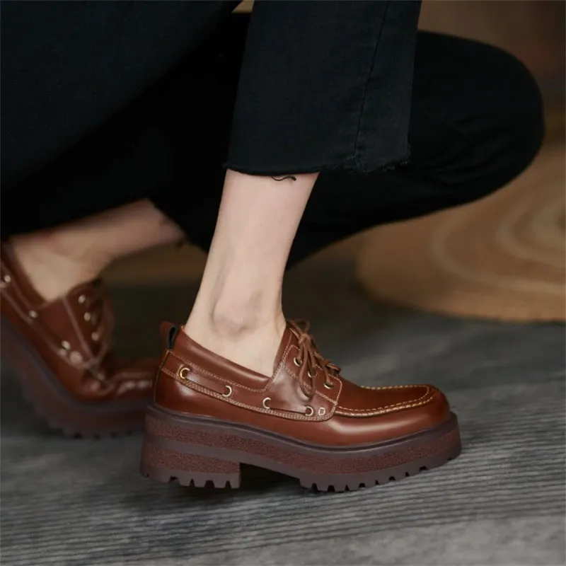 Platform Shoes Women Genuine Cow Leather Round Toe Sewing Lace-Up Flats Chunky Sole Ladies Derby Shoes Handmade