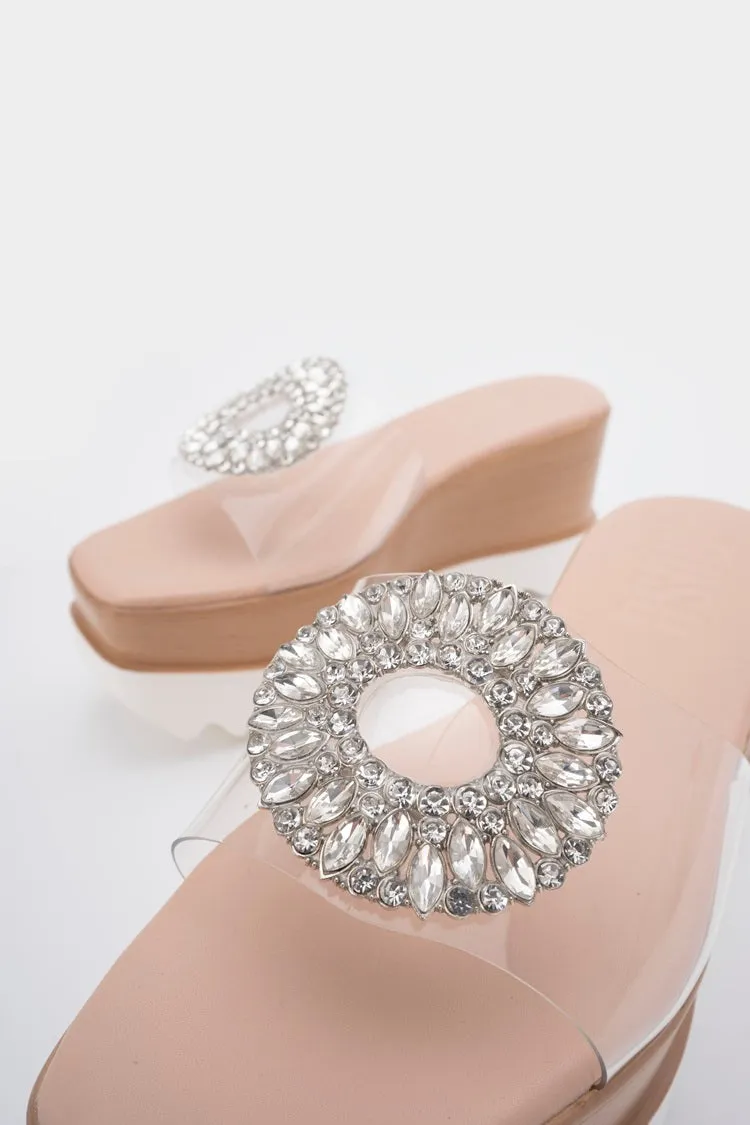 RHINESTONE DÉCOR CLEAR WEDGE SLIDE