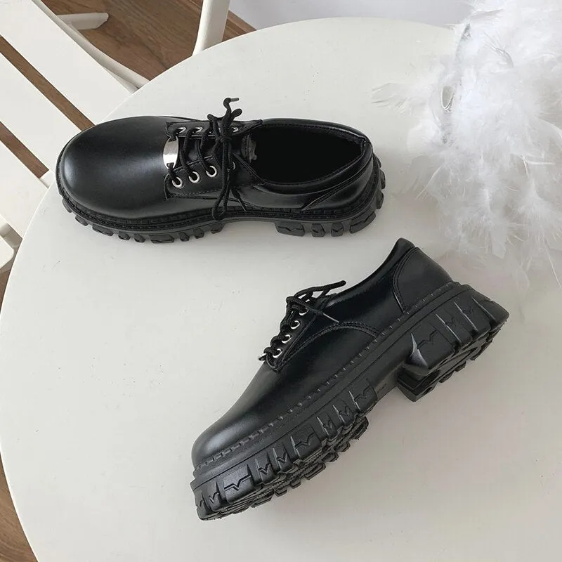 Rimocy Classic Black Platform Loafers Shoes for Women  Autumn Round Toe Lace-up Flats Woman Thick Bottom PU Leather Shoes