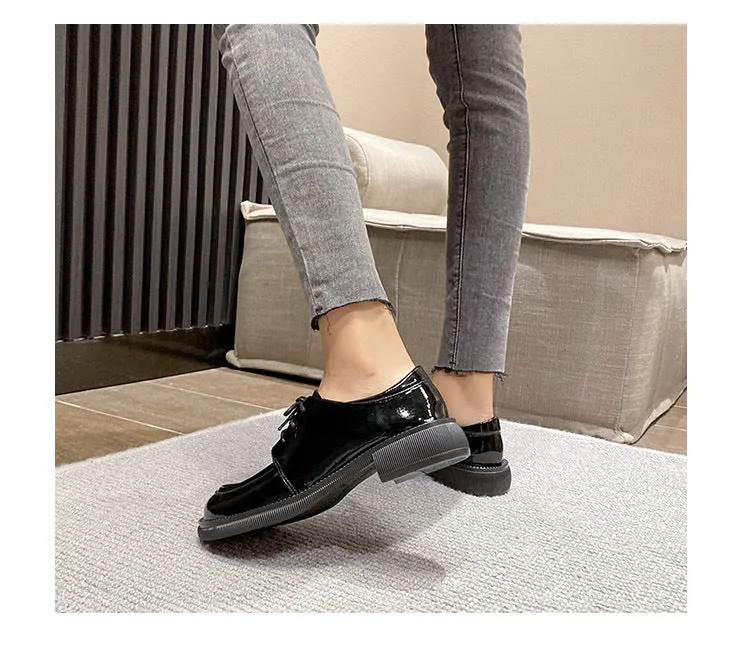 round toe lace up brogue shoes woman British designer thick heel oxford derby flats women japanned leather loafers plus size 43