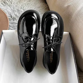 round toe lace up brogue shoes woman British designer thick heel oxford derby flats women japanned leather loafers plus size 43