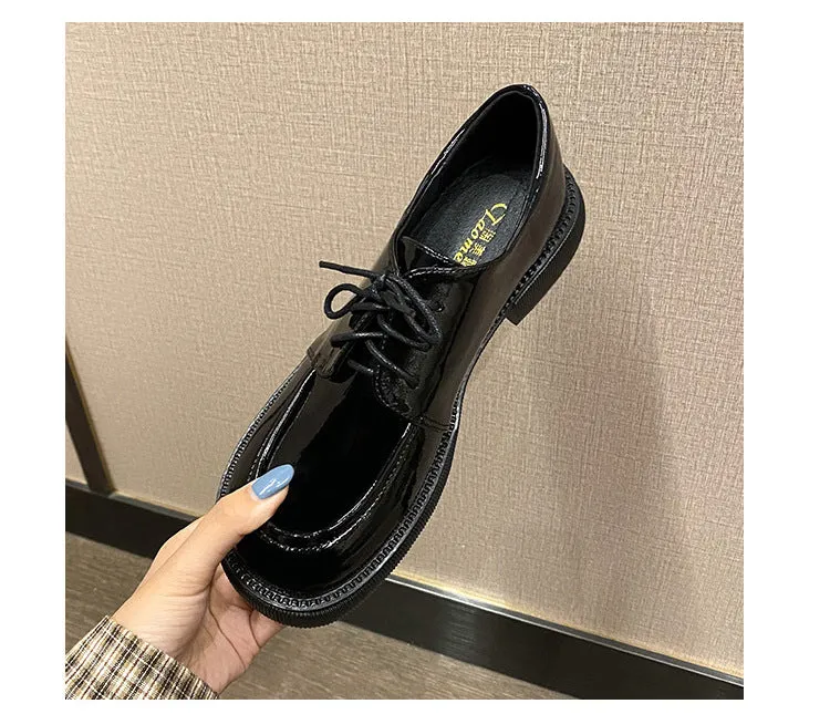 round toe lace up brogue shoes woman British designer thick heel oxford derby flats women japanned leather loafers plus size 43