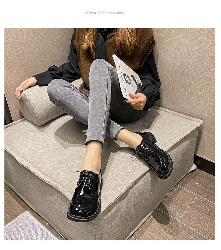 round toe lace up brogue shoes woman British designer thick heel oxford derby flats women japanned leather loafers plus size 43