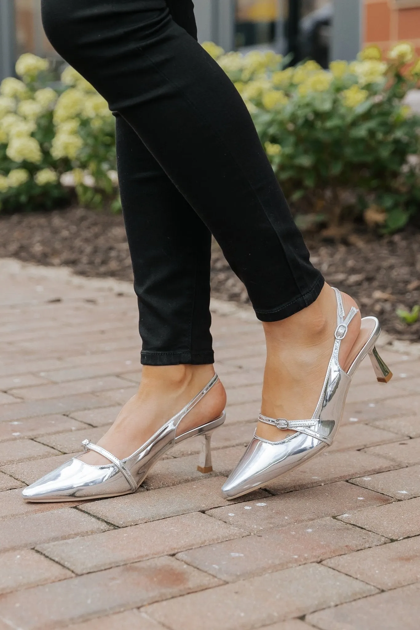 Sleek Silver Buckle Detail Slingback Heels