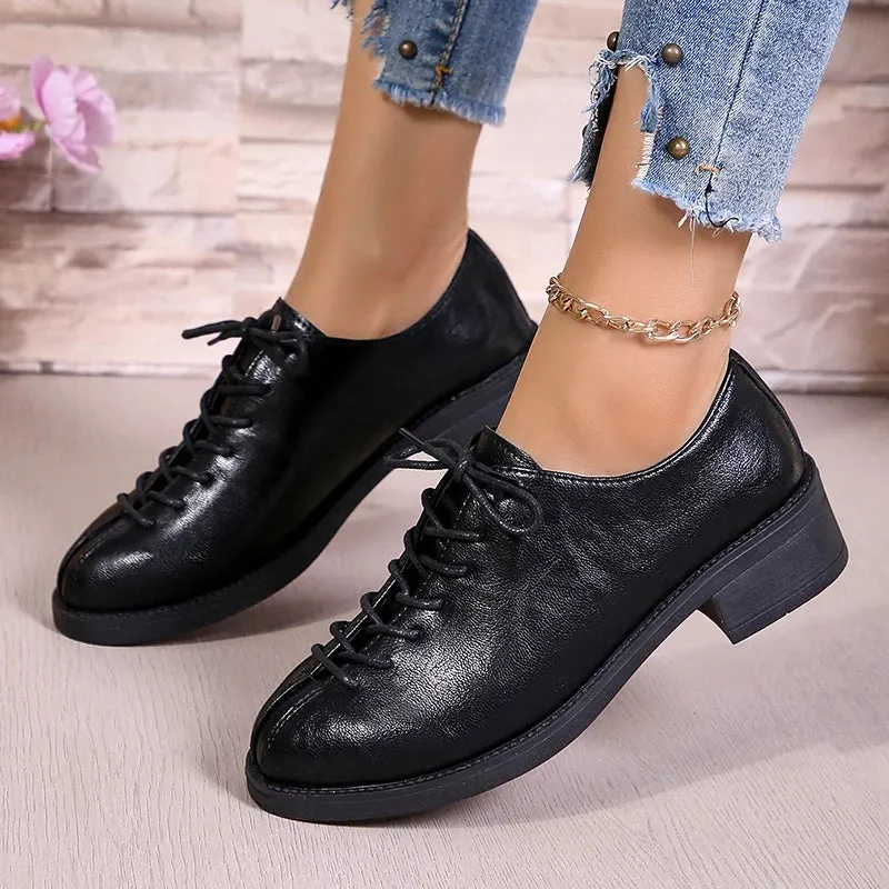 Sohiwoo Women's Vintage Oxford Shoes Classic Pointed Toe Cross Lace Up Shoes Woman Low Heels Pu Leather Dress Shoes Female